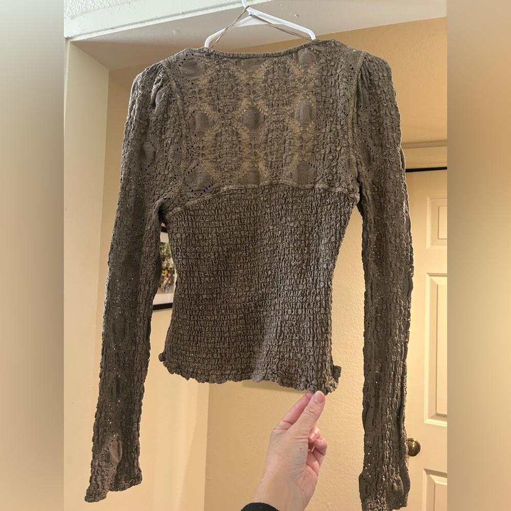 NWT Free People M smocked Confection Long Sleeve Top Lace Mushroom color - Picture 3 of 7